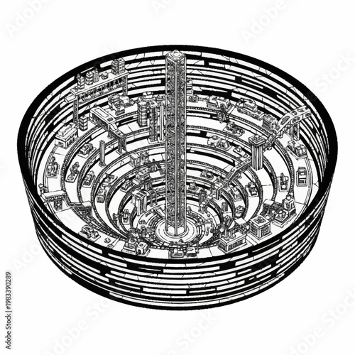 Futuristic circular city with a central tower and multiple levels of buildings and transport systems, presented as a detailed architectural illustration.