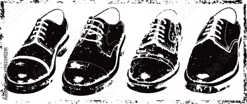 Four black formal leather shoes in a row with laces on a white background