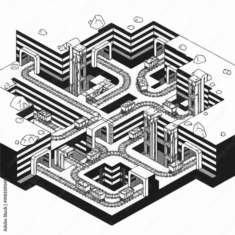 Obraz premium Isometric illustration of a complex underground mine with a railway system and mining carts.