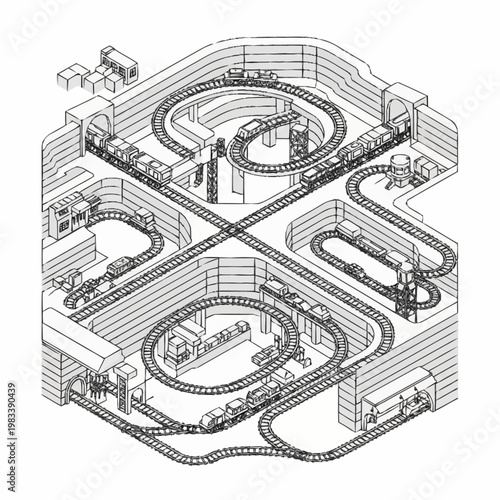 Detailed isometric illustration of a complex toy train set with multiple tracks, tunnels, and buildings.