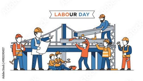 Labor Day construction: A team of construction workers is diligently working on a project, showcasing their hard work and dedication, while celebrating the spirit of Labor Day.