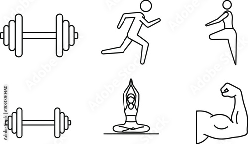 Fitness icons including dumbbells, running, yoga, and strength exercises