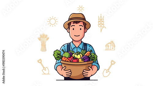 Farmer's Bounty: A smiling farmer stands proudly, holding a basket overflowing with fresh, vibrant produce, celebrating the fruits of his labor. 