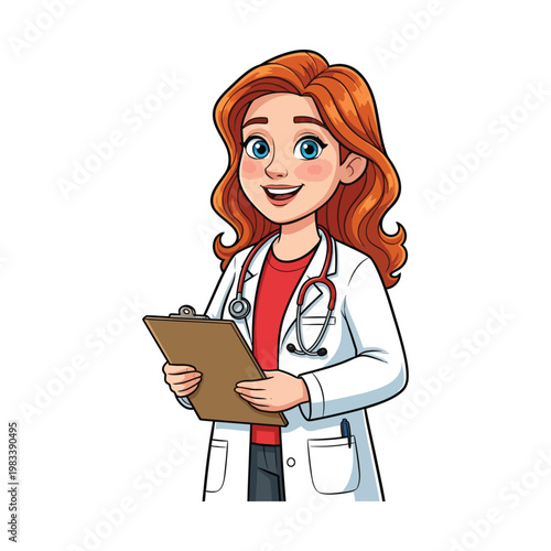 A cheerful cartoon doctor holding a clipboard and stethoscope around her neck