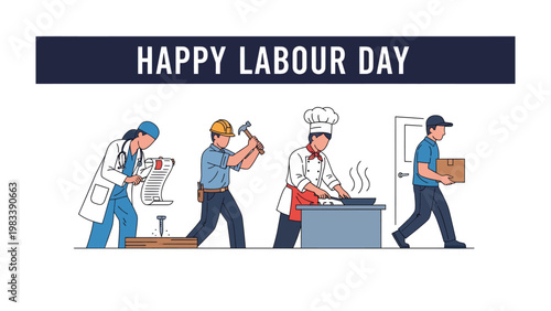 Labor Day Appreciation: A graphic representation of various professions, celebrating the dedication and hard work that forms the backbone of a community, highlighted with the text HAPPY LABOR DAY.