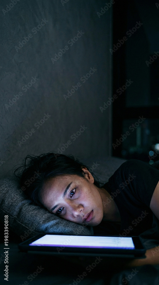 Obraz premium Insomniac woman stares at tablet in dark bedroom at night