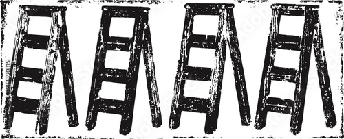 black wooden step ladders lined up in a row with rustic distressed texture