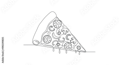 A minimalist line art depiction of a slice of pizza with toppings and dripping cheese
