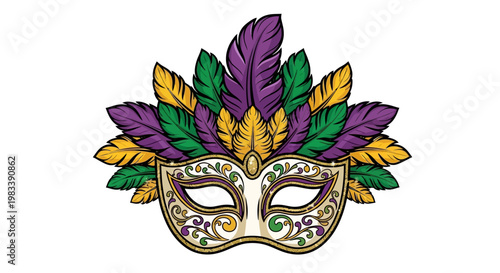 A beautiful gold traditional Venetian masquerade mask decorated with feathers creates an aura of mystery for a festive Italian carnival celebration