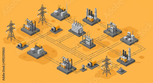 Isometric illustration of a power grid network with power plants, substations, and transmission towers connected by lines.