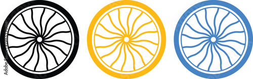Bicycle Wheel Icon Set. Cycle Gear icons. Cycling and transportation symbols. Wheel maintenance and tool symbol. Bicycle shop and spare parts design

