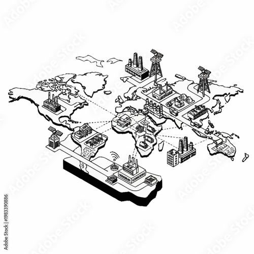 Global industrial network illustration showing factories and shipping routes across the world map.