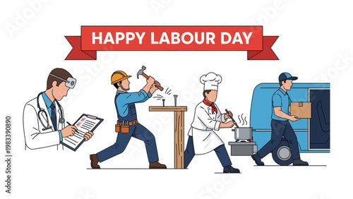 Labour Day Celebration: A vibrant illustration showcasing the diverse contributions of the workforce. Featuring a doctor, builder, chef, and delivery driver.