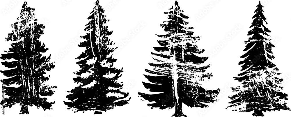 Obraz premium black and white silhouettes of four distinct pine trees with textured branches and foliage