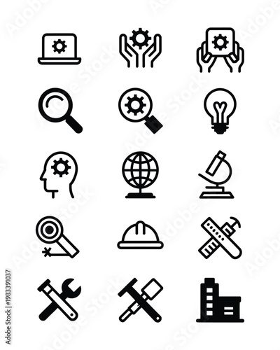 Engineering and technical services outline icons set with wrench hammer magnifier helmet lightbulb globe and manufacturing symbols.