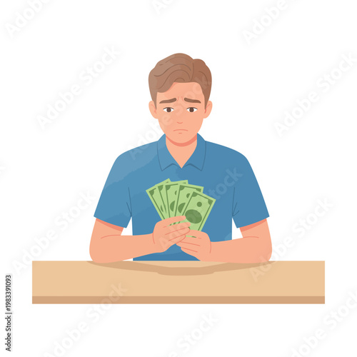A person sitting at a table while holding a stack of money with a worried expression