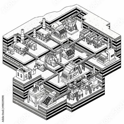 Isometric illustration of a complex industrial factory complex with multiple buildings and interconnected pipelines.