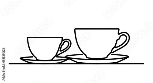 Two outlined cups, one smaller than the other, sit on saucers