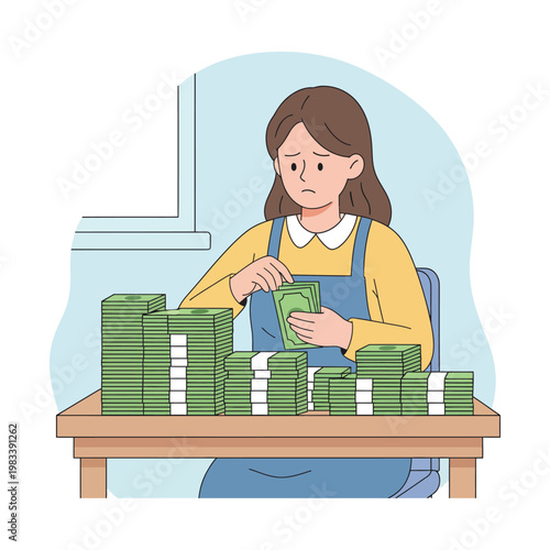 Young girl counting large stacks of money with a concerned expression