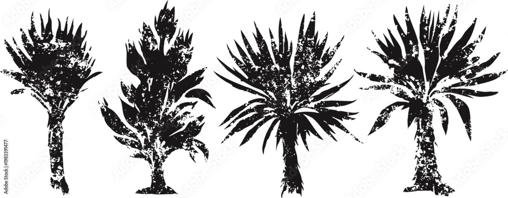 Fototapeta premium Silhouettes of four distinct palm trees with textured leaves and trunks in black ink