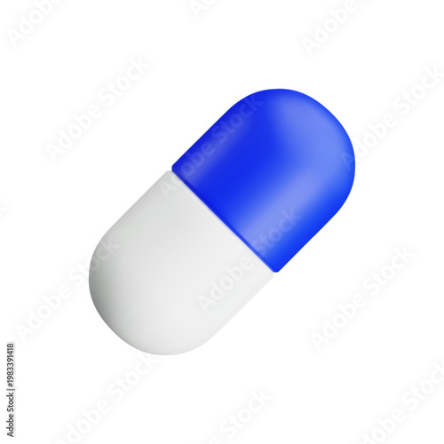 Vector cartoon 3d blue and white medical pill realistic icon. Medicine, pharmacy and drugs sign. 3d render of capsule isolated on white background. Vitamins, antibiotic, painkiller illustration.