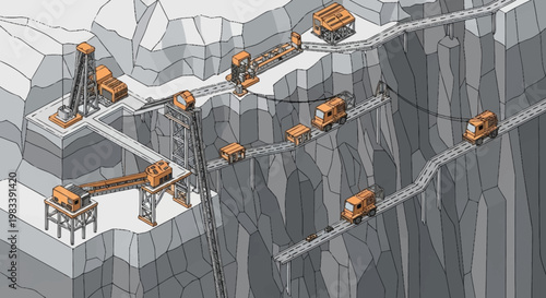 Industrial mining operation with cable cars and machinery on a steep mountainside.