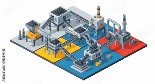 Isometric view of a modern industrial factory complex with conveyor belts and processing units, symbolizing production and manufacturing.