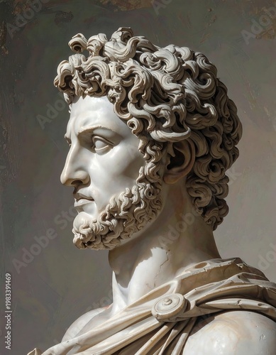 A marble sculpture of a man with curly hair and beard