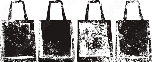 Four vintage grocery tote bags with distressed texture in black and white design