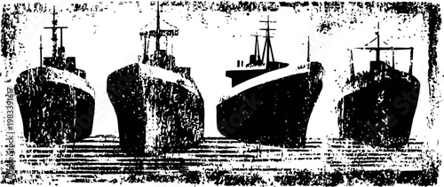 Four vintage ships silhouette facing forward in distressed black and white grunge