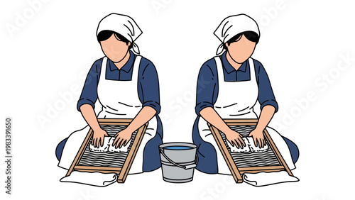 Historical Textile Workers: Two women, attired in traditional garments and headscarves, meticulously scrub textiles on a washboard.