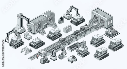 Isometric illustration of an industrial factory with conveyor belts and robotic arms, depicting a manufacturing process.