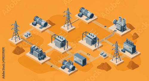 Isometric illustration of an electrical power grid system with substations, transformers, and power lines.