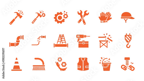 Construction Icons Set: A comprehensive collection of construction icons featuring tools like a hammer, wrench, and saw, essential for any building project.
