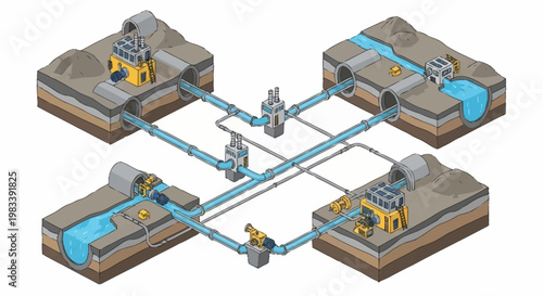 Diagram illustrating a complex water management system with interconnected pipes, reservoirs, and flow control.