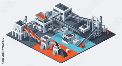 Isometric illustration of a modern industrial factory complex with conveyor belts and machinery.