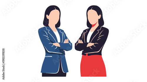 Poised Professionals: Two determined women, exuding confidence in their business attire, stand with arms crossed, embodying empowerment and leadership. 