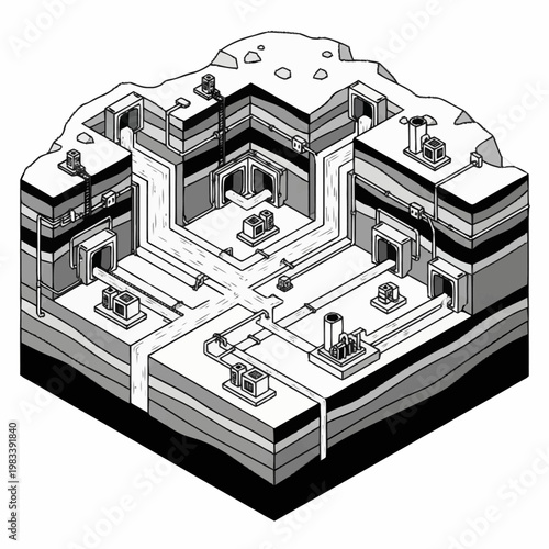 Cross-section of an underground industrial complex with tunnels, pipes, and machinery.