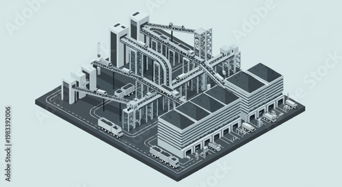 Isometric illustration of a modern industrial logistics and distribution center with conveyor belts and trucks.