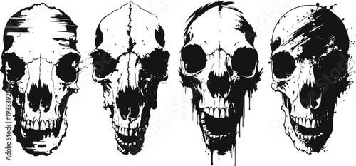 Grunge skulls illustration set four black ink human skulls with distressed textures and splatters