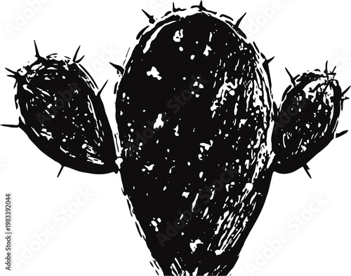 Prickly pear cactus silhouette with spines and oval pads detailed botanical illustration