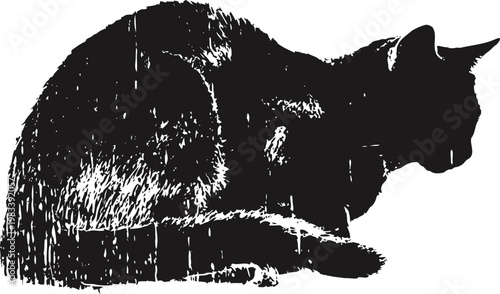 Silhouette of a sitting cat in side profile, dark black feline shape with textured fur details