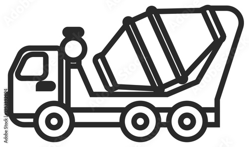 Concrete mixer truck vector icon illustration, heavy-duty construction vehicle for transporting and mixing cement on building sites, minimalist black line art symbol for industrial design.