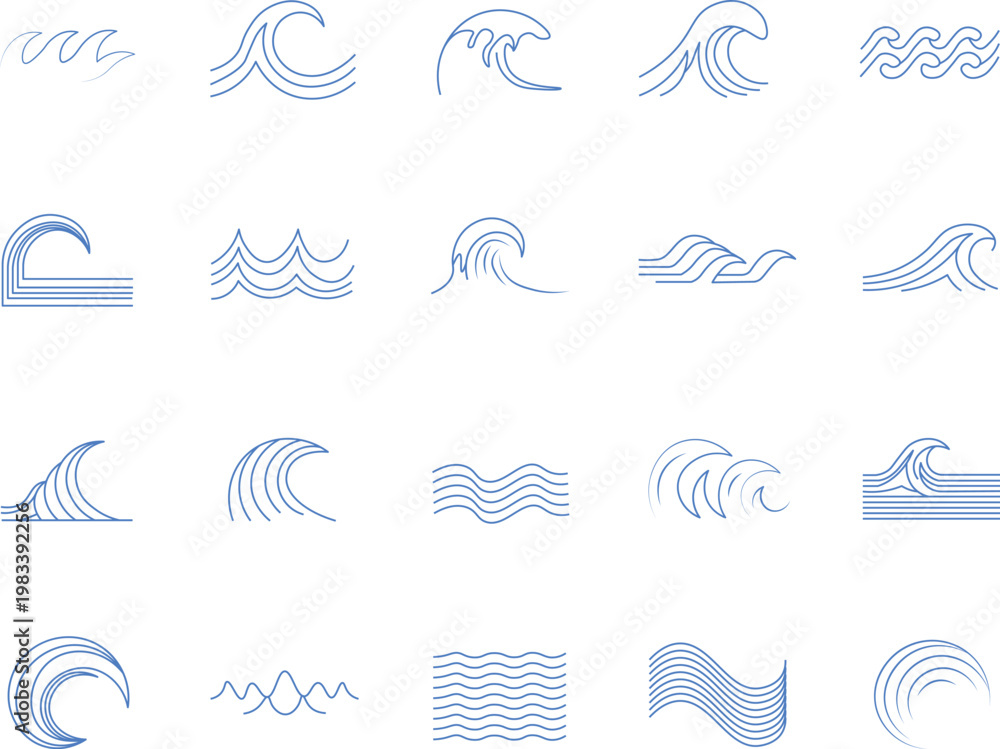 Naklejka premium Ocean Wave Line Icon Set – Sea and Water Outline Vector Collection