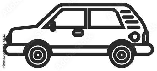 Minimalist black vector icon illustration of a classic hatchback car silhouette, featuring a clean outline design of a small passenger vehicle with wheels, windows, and door handles.