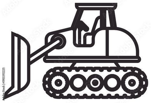 Minimalist black line vector icon illustration of a heavy duty construction bulldozer crawler tractor with front blade and tracks, isolated on white for industrial and building design projects.