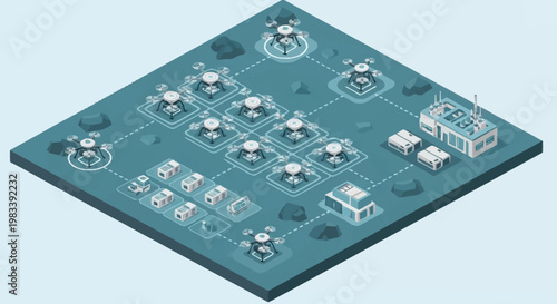 Isometric illustration of a futuristic industrial complex with interconnected facilities and drones.