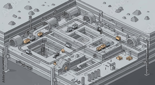 Isometric view of a complex underground transportation system with vehicles moving through tunnels and levels.