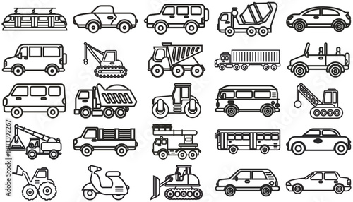 25 Vector Icon Set Bundle of Black Minimalist Transportation and Construction Vehicle Symbols: Cars, Trucks, Cranes, Buses, SUV, Van, Semi-Truck, Tram, Bulldozer, and Industrial Machinery.