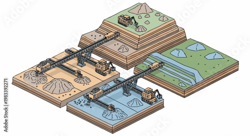 Illustration of four different mining and excavation processes with excavators and conveyor belts.